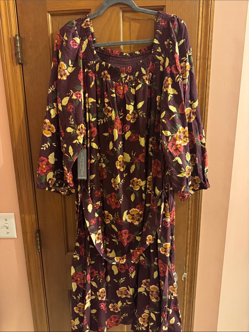 Lane Bryant Dark Plum Floral Midi Dress with Tie Waist